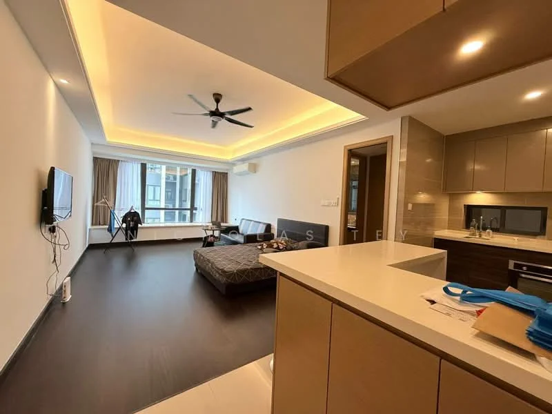 Living features: wooden flooring, recessed ceiling with LED lighting, 5-blade ceiling fan, floor-to-ceiling windows, sheer curtains, wall-mounted TV, sofa bed, coffee table, open kitchen layout, kitchen island with countertop, built-in microwave, built-in oven, kitchen cabinetry, air conditioning unit; style: modern; view: city.