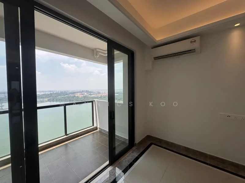 Room features: floor-to-ceiling sliding glass door, black framed glass door, grey tiled flooring, white painted walls, recessed downlights, wall-mounted split AC, view of city skyline, balcony with glass railing; style: modern; view: city.
