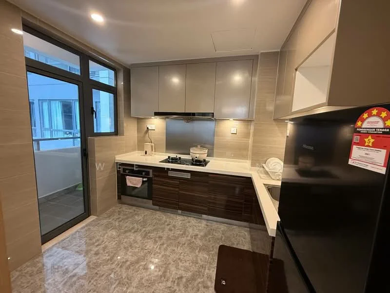 Kitchen features: brown wooden cabinetry, grey high-gloss upper cabinets, white quartz countertop, stainless-steel sink, chrome pull-down faucet, built-in gas stove, black built-in oven, black refrigerator, grey marble tile flooring, wall-mounted range hood, window with view to balcony, under-cabinet lighting; style: modern; view: city.
