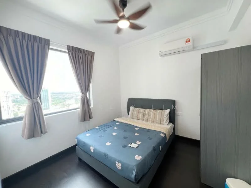 Bedroom features: queen-size bed with grey upholstered headboard, white bedding with decorative pillows, floor-to-ceiling window with city view, light brown curtains, dark wood flooring, wall-mounted split AC unit, ceiling fan with light, built-in wardrobe with grey finish; style: modern; view: city.