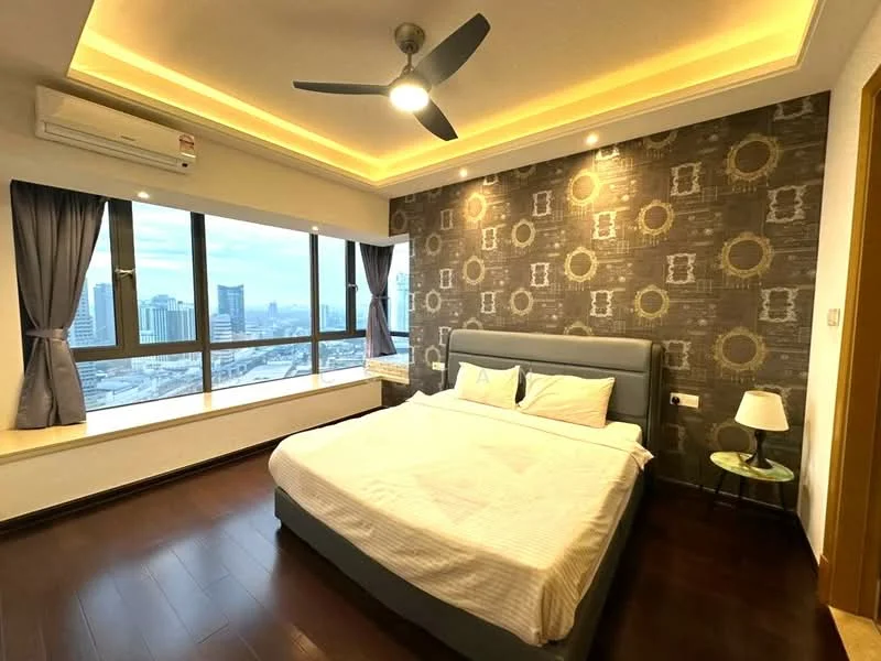 Bedroom features: king-size bed, upholstered headboard, bedside lamp, floor-to-ceiling windows, grey accent wall with circular pattern, wooden flooring, 5-blade ceiling fan with light, curtains, air conditioning unit; style: modern; view: city.