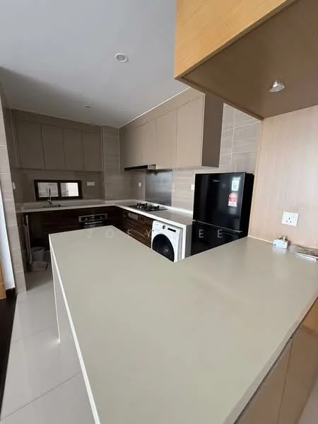 Kitchen features: light brown cabinetry, white countertop, stainless-steel gas hob, built-in oven, black refrigerator, white washing machine, grey tiled backsplash, recessed lighting, cream painted walls, glossy floor tiles; style: modern.