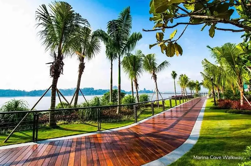 Exterior type: landscape garden; features: wooden walkway, palm trees, lush greenery, waterfront view, fenced pathway, manicured lawn, sunny weather, blue sky; style: tropical-modern.