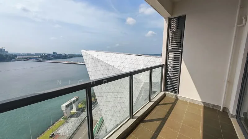Balcony features: glass railing, tile flooring, city view, waterfront view, overhang from building structure, sliding glass door access, exposed concrete wall, metal louvered windows; style: modern; view: city.