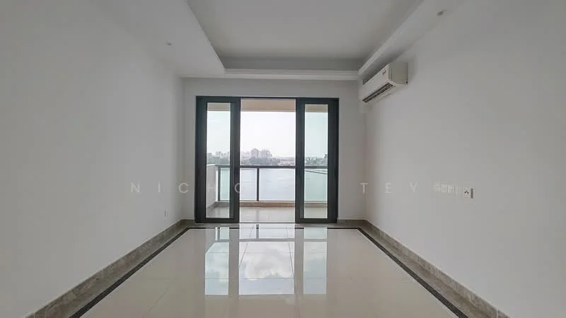 Room features: white painted walls, marble tile flooring, floor-to-ceiling windows, sliding glass door, view of city skyline, recessed downlights, wall-mounted split AC; style: modern; view: city.
