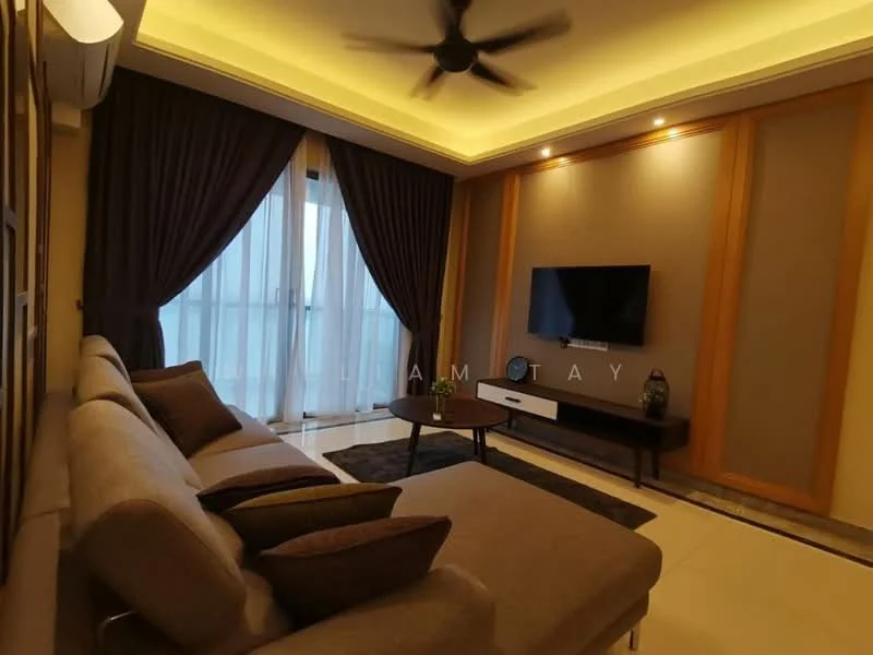 Living features: L-shape sectional sofa in beige, coffee table, wall-mounted TV, TV console, area rug, floor-to-ceiling windows, sheer curtains, dark curtains, recessed LED downlights, ceiling fan, decorative wall paneling, light-colored tiled flooring, decorative plants; style: modern.