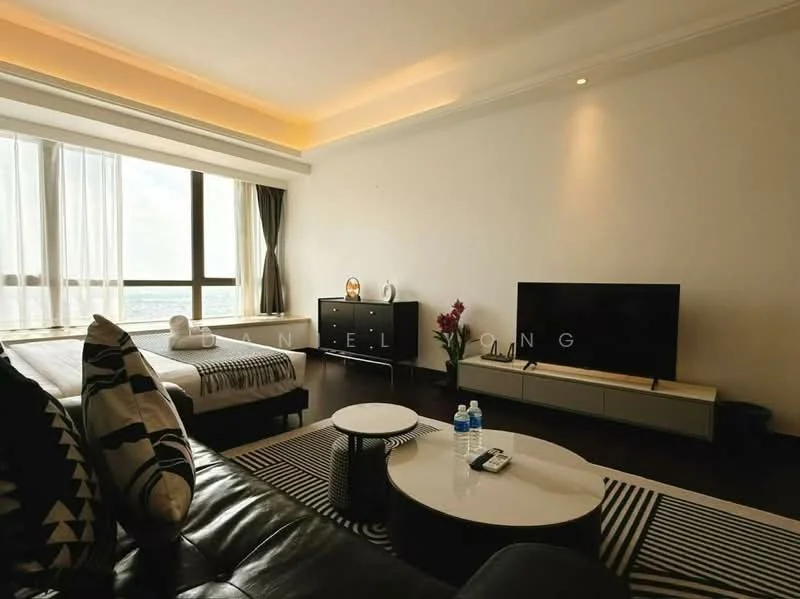 Living features: floor-to-ceiling windows, black leather sofa, 3-seater fabric sofa with geometric pattern, coffee table, TV console, wall-mounted TV, decorative vase with flowers, area rug with geometric pattern, wooden flooring, recessed lighting, sheer curtains; style: modern; view: sea. Room features: queen-size bed, bedding with black and white pattern, decorative pillows, bedside table, lamp.