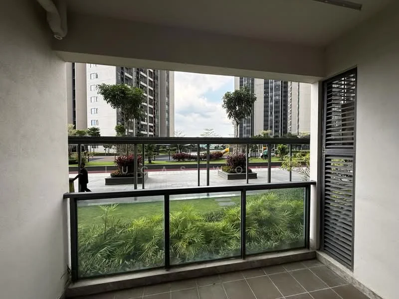 Room features: glass balcony railing, sliding glass door, tile flooring, potted plants, view of landscaped garden, view of surrounding buildings, overhead awning, metal louvered window; style: modern; view: garden.