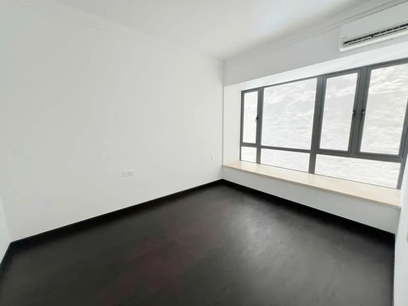 Room features: white painted walls, dark wood flooring, floor-to-ceiling windows, window seat with wooden ledge, air conditioning unit; style: minimalist.