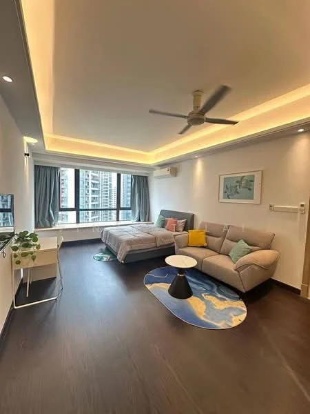 Living features: grey fabric sofa, white coffee table, area rug with world map design, ceiling fan with light, floor-to-ceiling windows, curtains, wall-mounted air conditioning unit, light wood flooring, decorative artwork on wall, study desk with chair; style: modern; view: city.