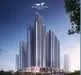 Exterior type: high-rise condominium; features: glass curtain wall, multiple recessed balconies, feature lighting at night, surrounded by mature greenery; style: modern.