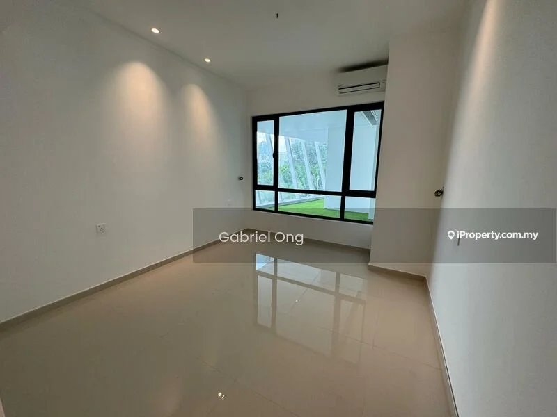 Room features: white painted walls, glossy ceramic tile flooring, large floor-to-ceiling windows, air conditioning unit, recessed downlights; style: modern; view: garden.