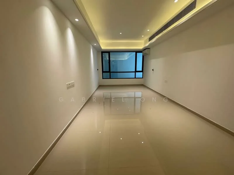 Room features: white painted walls, glossy tile flooring, recessed LED downlights, ceiling with cove lighting, large window, air conditioning unit; style: modern.