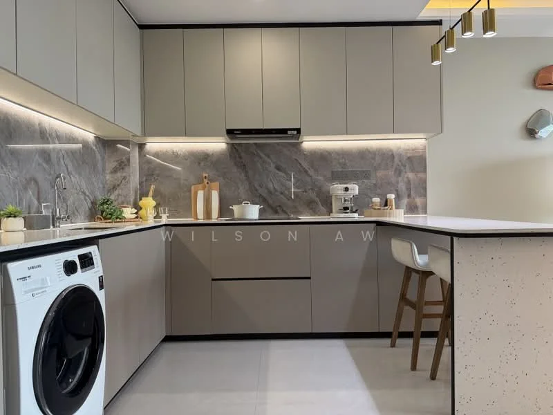 Kitchen features: grey cabinetry, white countertop, marble backsplash, stainless-steel sink, chrome pull-down faucet, built-in oven, freestanding washing machine, bar stools, recessed LED downlights, open shelving, decorative wall clock, houseplants in ceramic pots; style: modern.