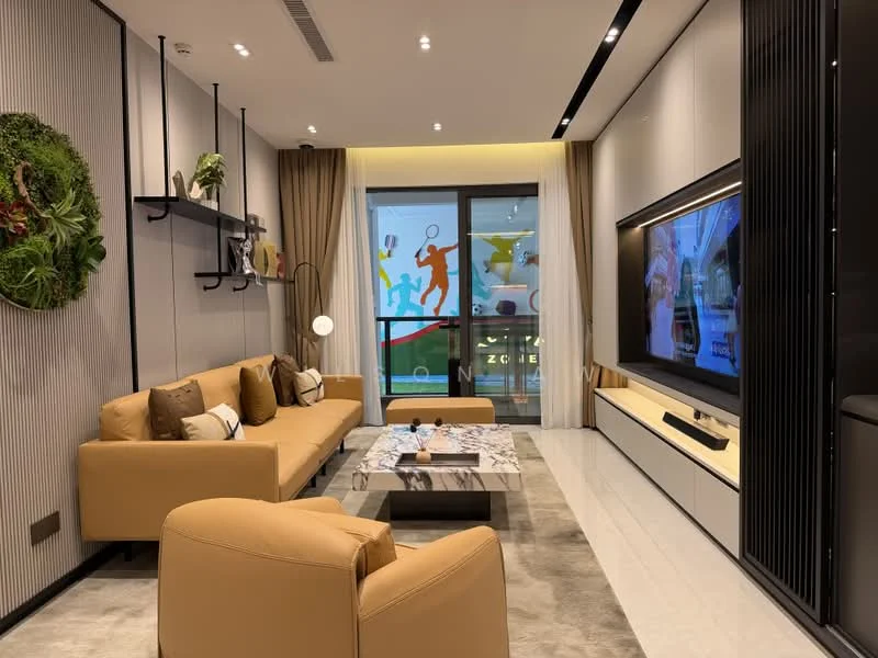 Living features: 3-seater beige leather sofa, 2-seater beige leather armchair, coffee table with decorative items, wall-mounted TV, TV console with storage, decorative wall shelves, greenery wall decor, recessed ceiling lights, floor-to-ceiling windows, curtains in neutral color, light-colored tiled flooring; style: modern; view: city.