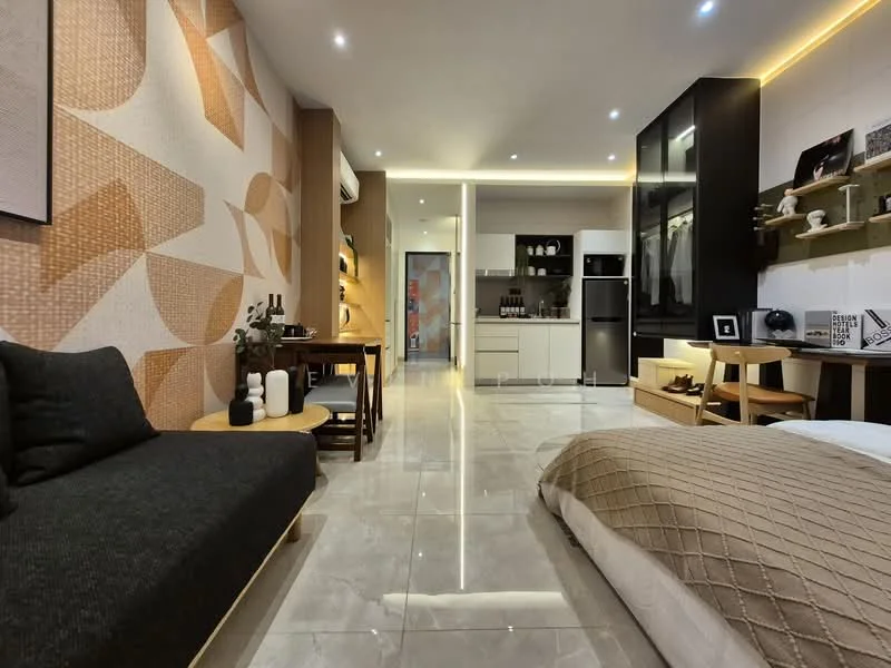 Living features: grey fabric sofa, round wooden coffee table, decorative wall with geometric pattern, marble tile flooring, recessed LED downlights, built-in shelving with decor items, wall-mounted TV, kitchenette with white cabinetry, stainless-steel fridge, kitchen countertop, open shelving, dining area with wooden elements; style: modern.