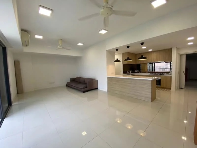 Living features: 3-seater fabric sofa in brown, white painted walls, glossy ceramic tile flooring, recessed LED downlights, 2 ceiling fans, floor-to-ceiling windows, open layout to kitchen, neutral color palette; style: modern. Kitchen features: kitchen island with breakfast bar, wood cabinetry, black pendant lights, stainless-steel appliances, open-plan layout, white countertops; style: modern.