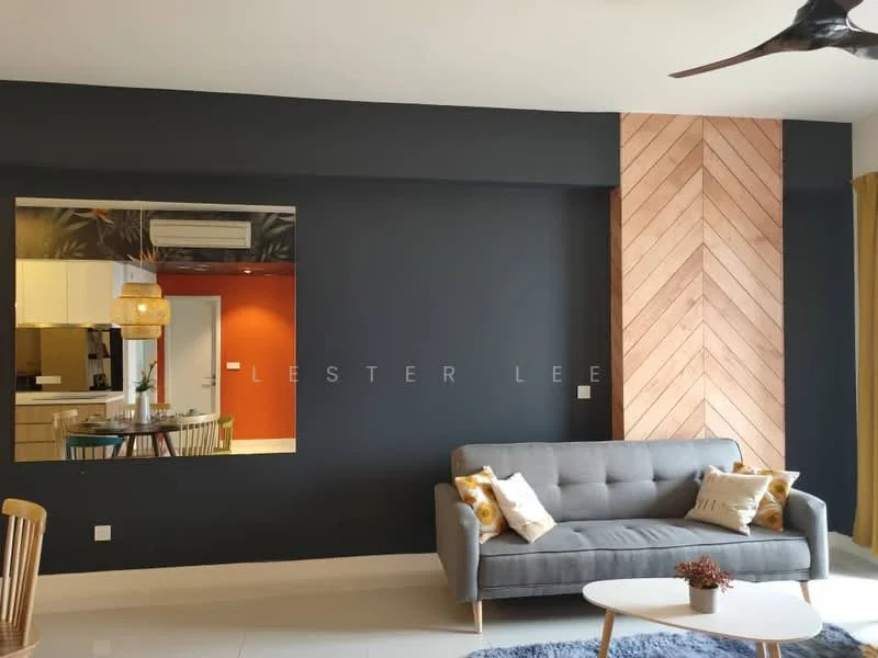 Living features: grey fabric sofa, decorative cushions, wooden coffee table, white area rug, dark accent wall, chevron wood panel feature wall, floor-to-ceiling mirror, recessed ceiling lights, ceiling fan, curtains, open layout to kitchen, white tiled flooring; style: modern.