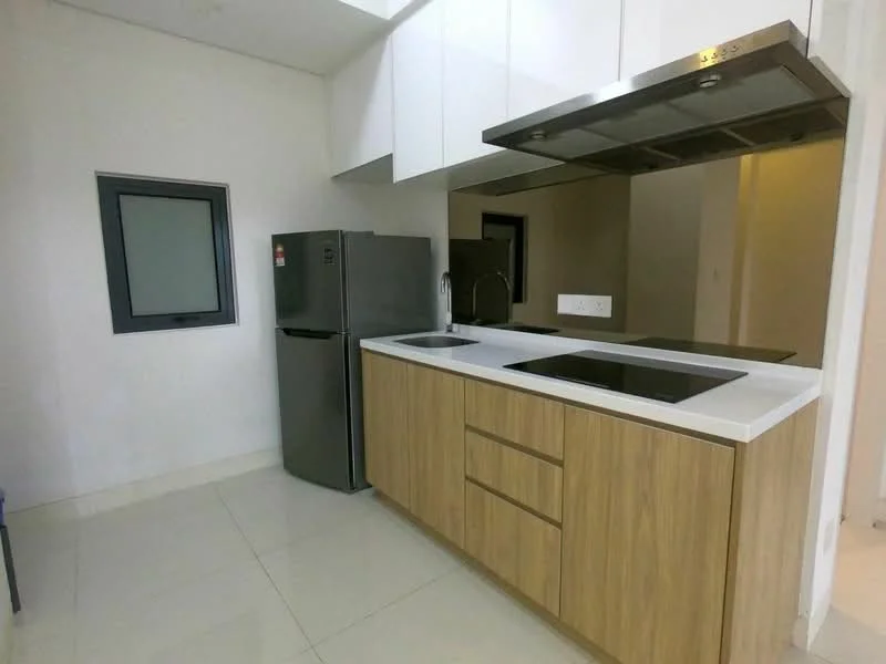 Kitchen features: grey stainless-steel fridge, white countertop, wood cabinetry, built-in sink, induction cooktop, stainless-steel range hood, white tiled backsplash, recessed lighting, floor-to-ceiling window, light-colored tile flooring; style: modern.