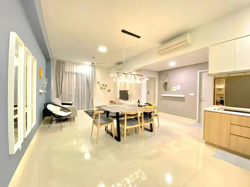 Living features: light grey painted walls, white ceiling with recessed downlights, 5-blade ceiling fan with light, large floor-to-ceiling windows with sheer curtains, dining table for six with wooden top and black legs, black and white area rug, modern chandelier, TV console with wall-mounted TV, open kitchen with light wood cabinetry, stainless-steel sink, countertop with bar seating, decorative wall art, mirrored wall panels, neutral tile flooring; style: modern.