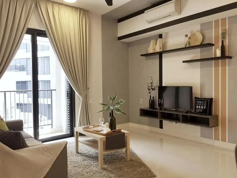 Living features: beige fabric sofa, coffee table with wooden legs, area rug with neutral color, wall-mounted TV, floating shelves, decorative vases on shelves, curtains in light beige, floor-to-ceiling windows, air conditioning unit, light ceiling fan, neutral painted walls, laminate flooring; style: modern; view: city.