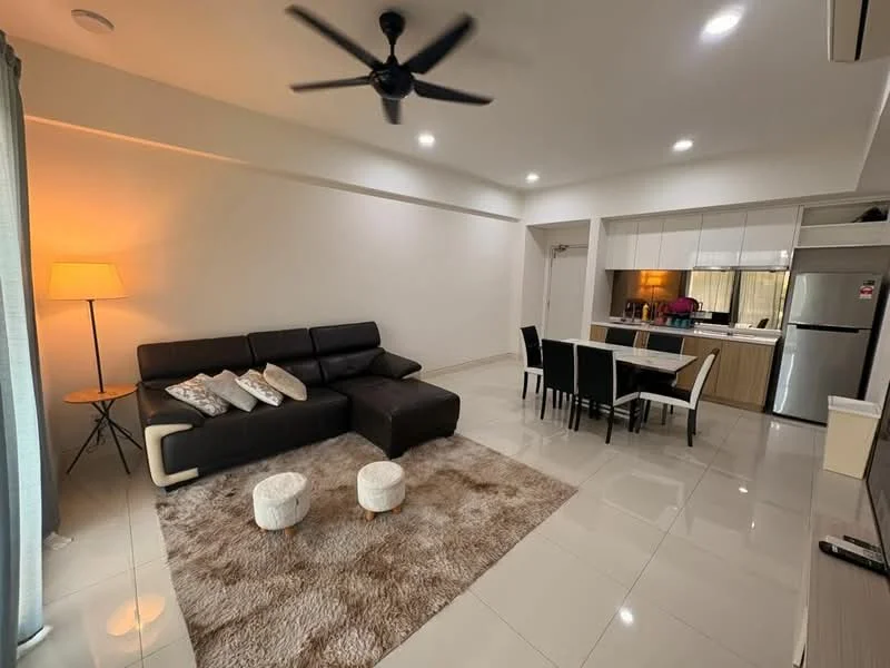 Living features: 3-seater leather sofa in black, 2 white ottomans, area rug with neutral color, ceiling fan with light, floor-to-ceiling window with sheer curtains, wall-mounted TV, TV console, decorative lamp, recessed LED downlights, white painted walls, glossy tile flooring; style: modern. Dining features: 6-seater dining table, black dining chairs, kitchen cabinetry, stainless-steel fridge, built-in oven, countertop, kitchen sink, open layout to living area; style: modern.