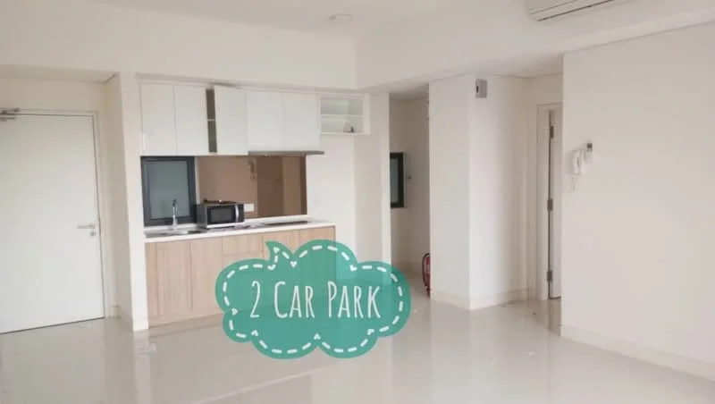 Room features: white painted walls, glossy tile flooring, kitchenette with wooden cabinetry, black countertop, microwave, built-in kitchen cabinet, air conditioning unit, fire extinguisher, open layout; style: modern.