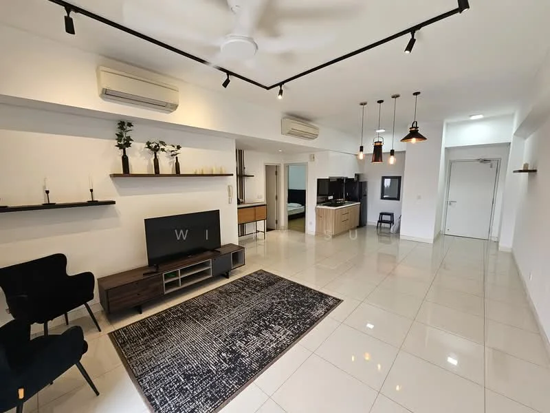 Living features: white painted walls, glossy ceramic tile flooring, 5-blade ceiling fan with light, recessed LED downlights, wall-mounted TV, wooden TV console, black fabric armchairs, decorative wall shelves, area rug with geometric pattern, pendant lighting, open layout, air conditioning unit; style: modern.