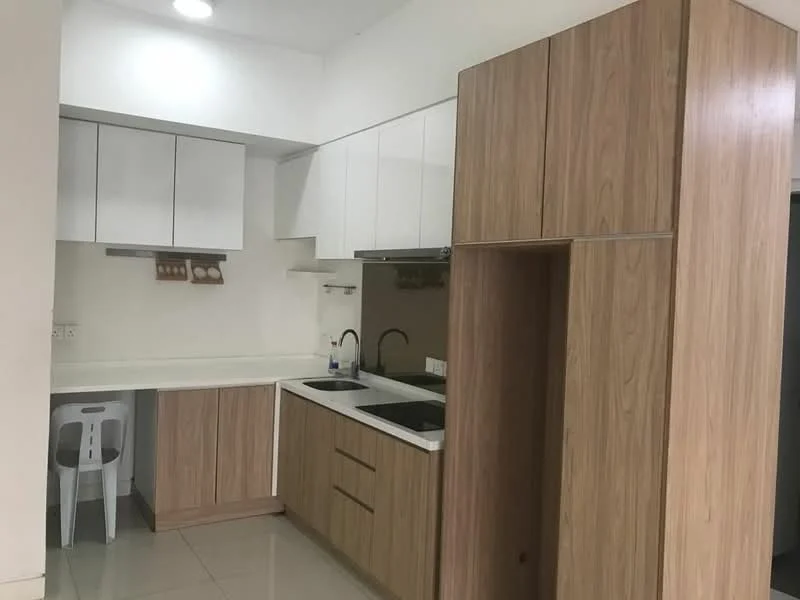 Kitchen features: white upper cabinets, wood lower cabinets, white countertop, single-bowl stainless-steel sink, chrome pull-down faucet, built-in stove, refrigerator space, tile flooring, wall-mounted shelf, white walls, LED ceiling lights; style: modern.