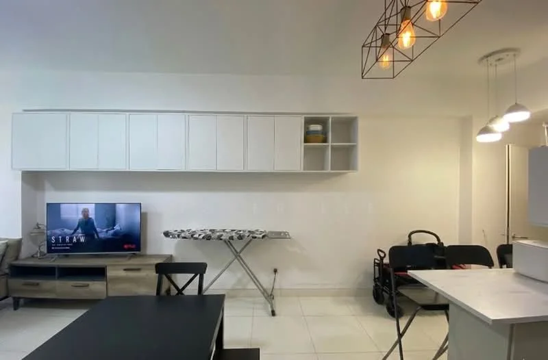 Living features: white painted walls, tile flooring, ceiling with pendant lights, wall-mounted TV, light wood cabinetry, folding table, black dining table, black chairs, baby stroller, open shelving, light fixtures with exposed bulbs; style: modern.
