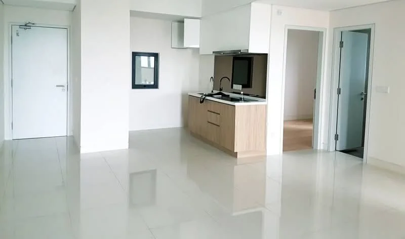 Kitchen features: white painted walls, glossy tile flooring, kitchen island with wood cabinetry, stainless-steel sink, chrome pull-down faucet, built-in oven, ceramic cooktop, extraction hood, recessed downlights; style: modern. Living features: white painted walls, glossy tile flooring, open layout, large windows, recessed downlights; style: modern.