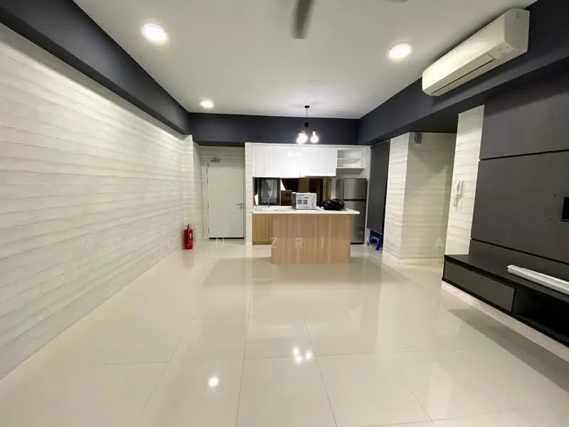 Living features: white painted walls, dark grey accent wall, polished ceramic tile flooring, recessed downlights, 5-blade ceiling fan, wall-mounted air conditioning unit, kitchen island with seating, built-in cabinetry, microwave, open layout, fire extinguisher, sliding door to hallway; style: modern.
