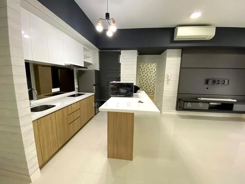 Kitchen features: white cabinetry, wooden cabinetry, island countertop, stainless-steel sink, chrome pull-down faucet, built-in oven, microwave, refrigerator, pendant lighting, wall-mounted TV console, air conditioning unit, white tiled flooring, grey accent wall, open shelving; style: modern.