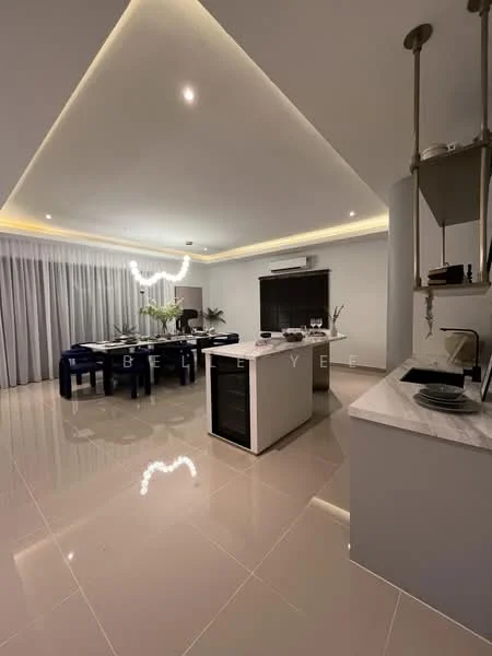 Kitchen features: island countertop with marble surface, dark wood cabinetry, stainless-steel sink, chrome pull-down faucet, built-in oven, freestanding range oven, recessed LED downlights, pendant lighting, tile flooring, open layout, floor-to-ceiling windows with sheer curtains, dining area with dark wood dining table and blue upholstered chairs; style: modern.