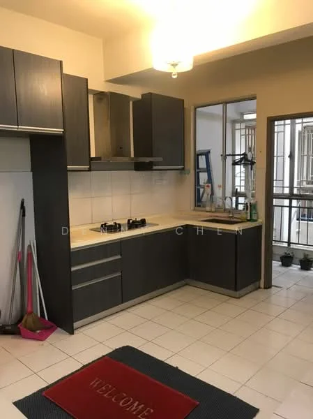 Kitchen features: dark wood cabinetry, white countertop, built-in gas hob with 2 burners, stainless-steel sink, tile backsplash, white tiled walls, white tiled flooring, ceiling light fixture, window with security bars, cleaning supplies visible, welcome mat; style: modern.