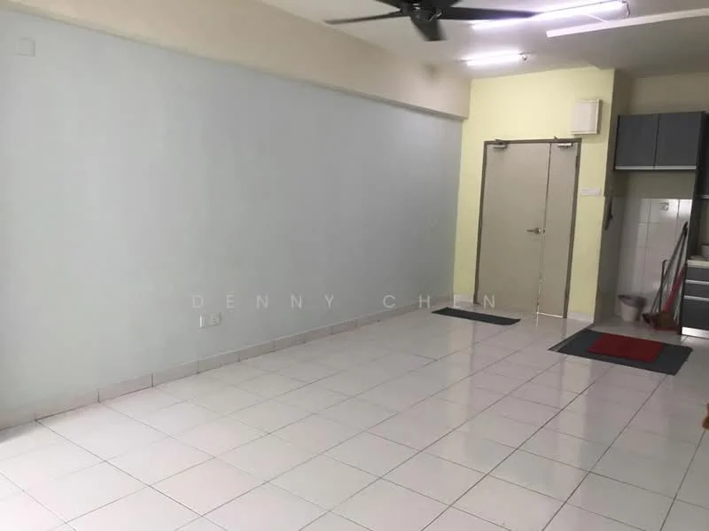 Room features: white painted walls, light grey accent wall, glossy white tile flooring, ceiling fan, two doors, two doormats, kitchen area visible in background; style: minimalist.