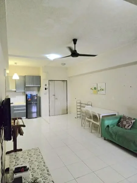 Living features: white painted walls, white tiled flooring, 5-blade ceiling fan, wall-mounted TV, sofa in green fabric, coffee table, dining table with 4 chairs, open shelving unit, decorative artwork on walls, light fixture, refrigerator, kitchen cabinetry; style: modern.