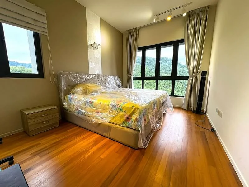 Bedroom features: queen-size bed with plastic wrap, wooden bedside table, large windows with mountain view, curtains, wooden flooring, recessed lighting, painted walls in neutral color, floor-to-ceiling windows; style: modern; view: mountain.