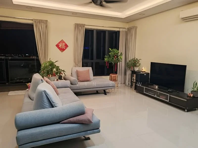 Living features: L-shape sectional sofa in light grey, decorative cushions in pink, coffee table, wall-mounted TV, TV console in dark wood, floor-to-ceiling windows, sheer curtains, potted plants, recessed downlights, ceiling fan, light-coloured walls, glossy tile flooring; style: modern; view: city.