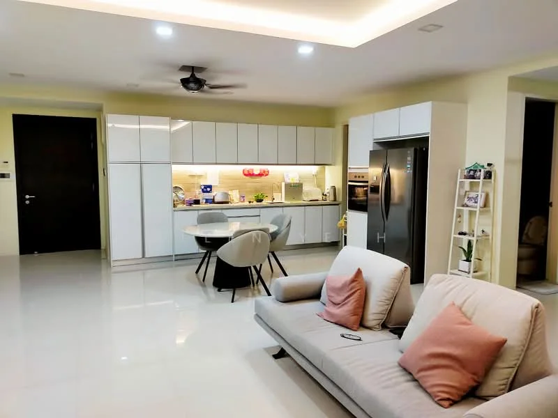 Living features: 3-seater fabric sofa in light grey, 2 pink decorative cushions, coffee table, wall-mounted TV, recessed downlights, ceiling fan, white walls, polished ceramic tile flooring; style: modern. Kitchen features: white cabinetry with flat-panel doors, stainless-steel refrigerator, built-in oven, 4-burner gas hob, single-bowl stainless-steel sink, chrome pull-down faucet, white quartz countertop, backlit backsplash, dining table with 4 chairs; style: modern.