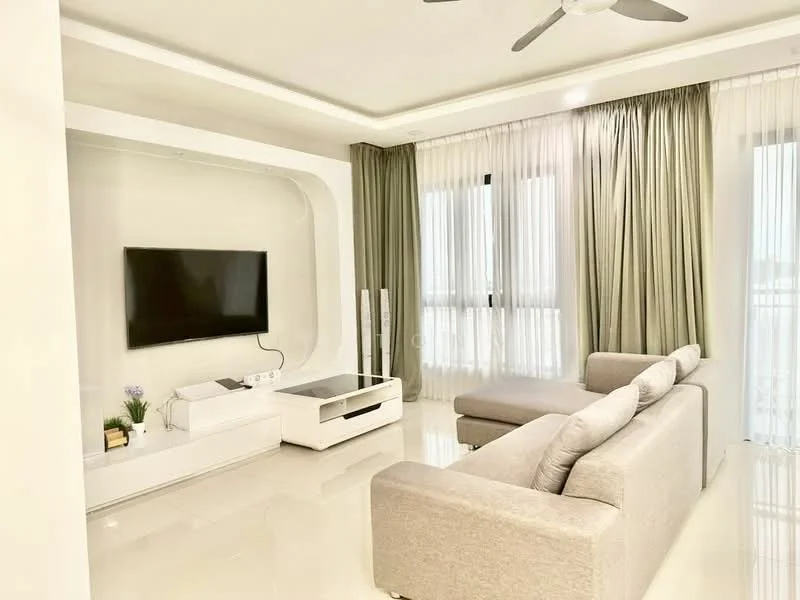 Living features: light grey fabric sofa, L-shape sectional sofa, white TV console, wall-mounted flat-screen TV, recessed lighting, ceiling fan, floor-to-ceiling windows, sheer curtains, dark green curtains, glossy tile flooring, decorative plant on console, neutral wall colour, built-in wall shelf; style: modern; view: city.