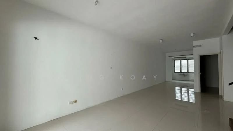 Room features: white painted walls, polished tile flooring, recessed downlights, large window with horizontal blinds, open layout, no visible furniture or decor.