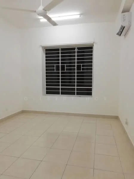 Room features: white painted walls, tile flooring, ceiling fan, wall-mounted split AC, window with horizontal bars, neutral color scheme, no visible furniture.