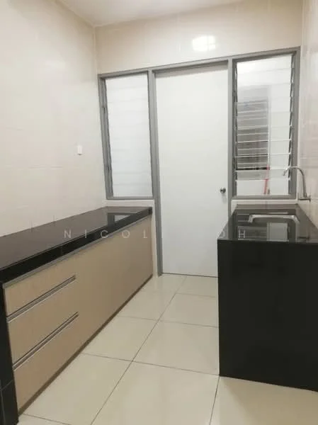 Kitchen features: black granite countertop, cream cabinetry with horizontal lines, single-bowl stainless-steel sink, chrome pull-down faucet, white tiled walls, cream tiled flooring, window with horizontal grilles, door to adjacent room; style: modern.