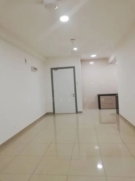 Room features: white painted walls, cream tiled flooring, recessed downlights, 1 wall-mounted split AC, single door, kitchenette with countertop, neutral color scheme; style: modern.
