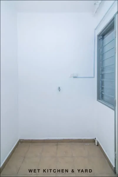 Room features: white painted walls, tile flooring, window with metal grille, plumbing fixture on wall, light fixture on ceiling.