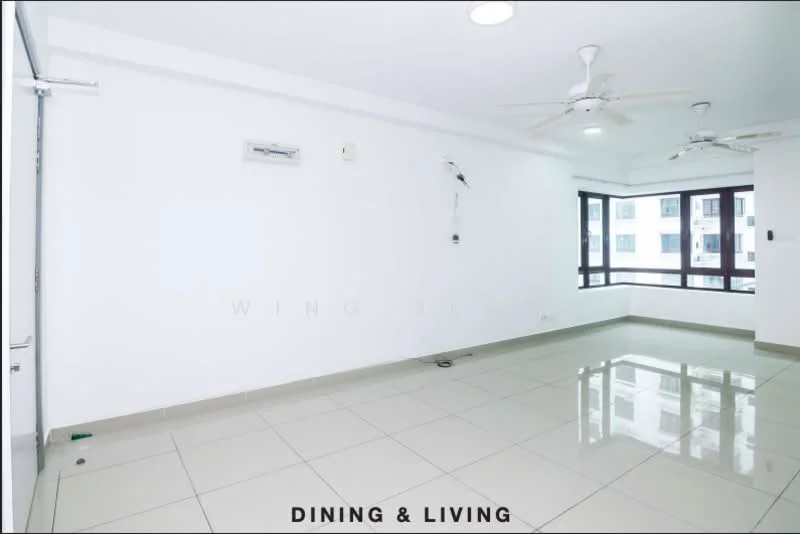 Living features: white painted walls, glossy tile flooring, 3-blade ceiling fan, 2 ceiling fans, floor-to-ceiling windows, natural light from windows, air conditioning unit, neutral color scheme; style: modern.