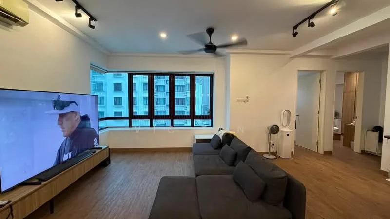 Living features: 3-seater fabric sofa in grey, large wall-mounted TV, wooden TV console, floor-to-ceiling windows, black ceiling fan with light, laminate flooring, recessed downlights, air conditioning unit, decorative wall, open layout to adjacent rooms; style: modern; view: city. Room features: doorway leading to other rooms, light-colored walls, neutral decor.