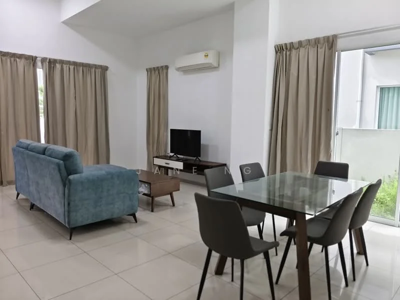 Living features: light grey fabric sofa, wood coffee table, flat-screen TV on stand, 1 wall-mounted split AC, floor-to-ceiling windows with sheer curtains, cream painted walls, tile flooring, dining table with glass top, 4 grey dining chairs; style: modern; view: garden.