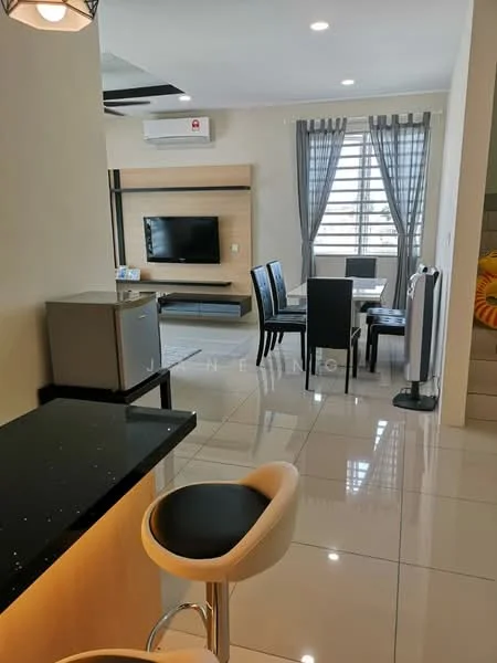 Living features: white painted walls, glossy tile flooring, 5-blade ceiling fan with light, wall-mounted TV, wooden TV console, black dining table, 4 black dining chairs, large windows with sheer curtains, air conditioning unit, bar counter with black countertop, stainless-steel fridge, decorative wall art; style: modern.